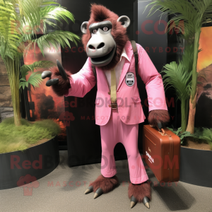 Pink Baboon mascot costume character dressed with a Suit and Messenger bags