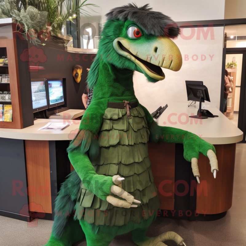 Forest Green Utahraptor mascot costume character dressed with a Pencil Skirt and Keychains Forest Green Utahraptor mascot costume character dressed with a Pencil Skirt and Keychains