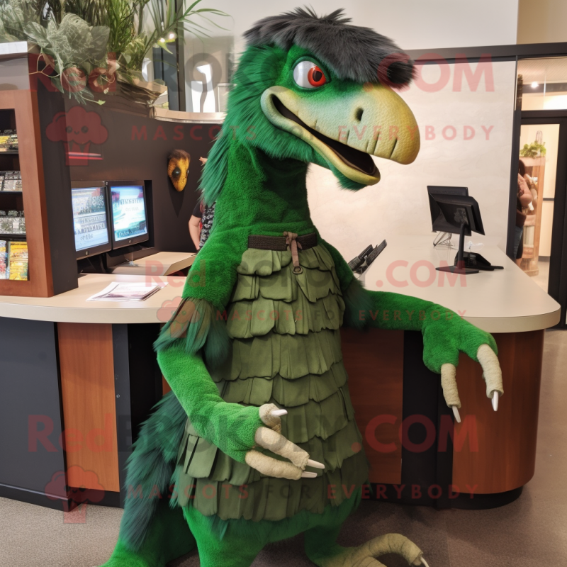 Forest Green Utahraptor mascot costume character dressed with a Pencil Skirt and Keychains