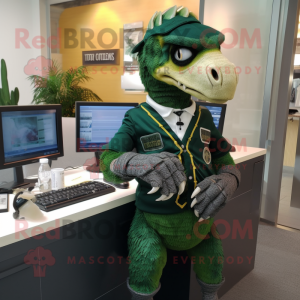 Forest Green Utahraptor mascot costume character dressed with a Pencil Skirt and Keychains