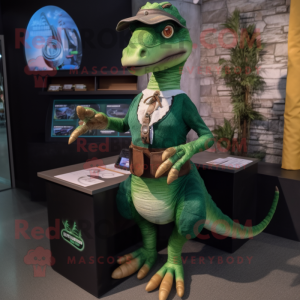 Forest Green Utahraptor mascot costume character dressed with a Pencil Skirt and Keychains
