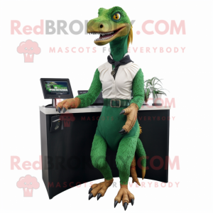 Forest Green Utahraptor mascot costume character dressed with a Pencil Skirt and Keychains