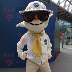 Cream Swordfish mascot costume character dressed with a Oxford Shirt and Sunglasses