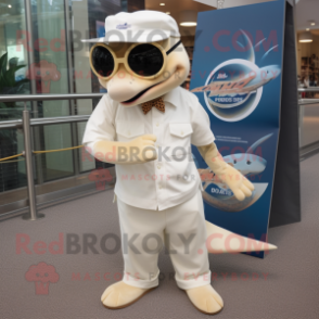 Cream Swordfish mascot costume character dressed with a Oxford Shirt and Sunglasses