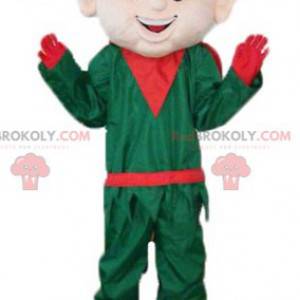 Mascota de elfo elfo de Navidad en traje verde y rojo -