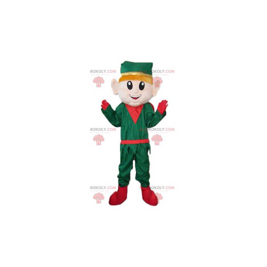 Mascote duende de Natal com roupa verde e vermelha -