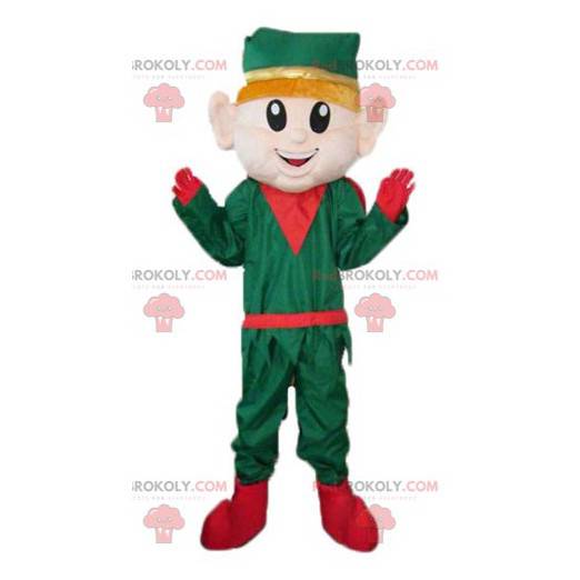 Mascotte d'elfe de lutin de Noël en tenue verte et rouge -