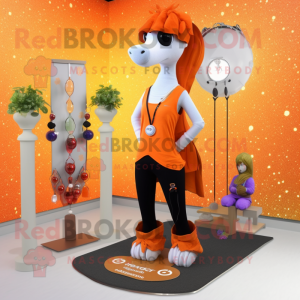 Orange Mare mascot costume character dressed with a Yoga Pants and Necklaces