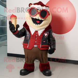 Red Ice Cream Cone mascot costume character dressed with a Leather Jacket and Ties