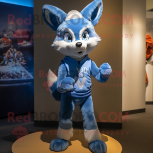 Blue Fox mascot costume character dressed with a Jeggings and Headbands