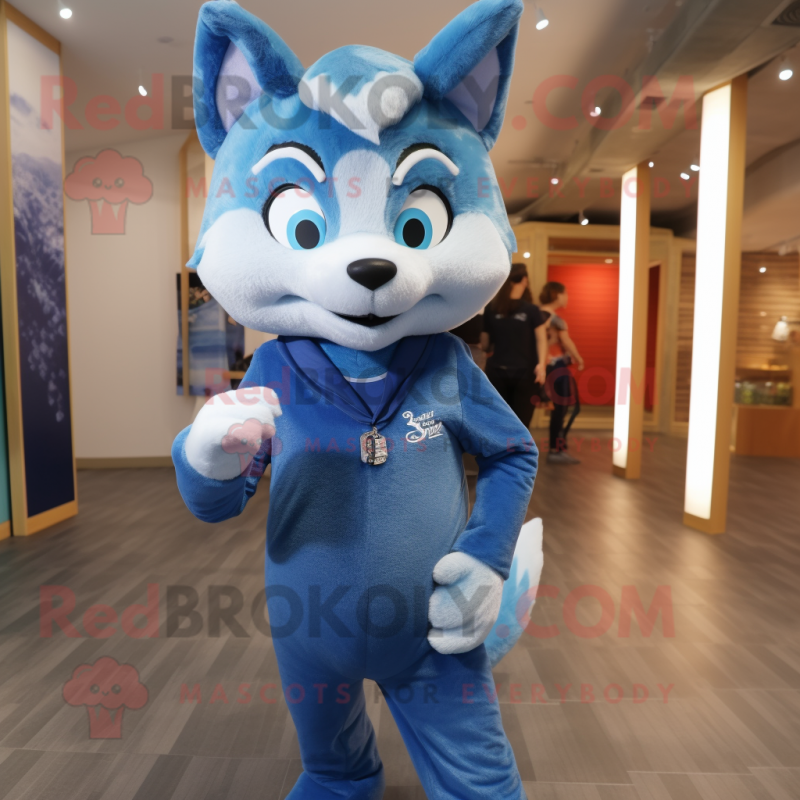 Blue Fox mascot costume character dressed with a Jeggings and Headbands