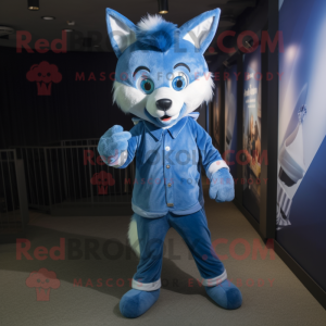 Blue Fox mascot costume character dressed with a Jeggings and Headbands