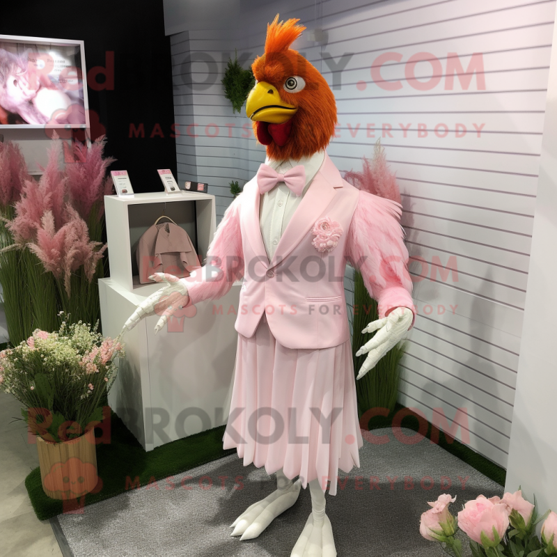 Pink Chicken mascot costume character dressed with a Wedding Dress and Pocket squares Pink Chicken mascot costume character dressed with a Wedding Dress and Pocket squares