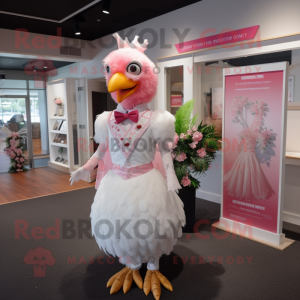Pink Chicken mascot costume character dressed with a Wedding Dress and Pocket squares