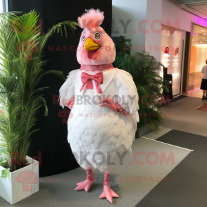 Pink Chicken mascot costume character dressed with a Wedding Dress and Pocket squares