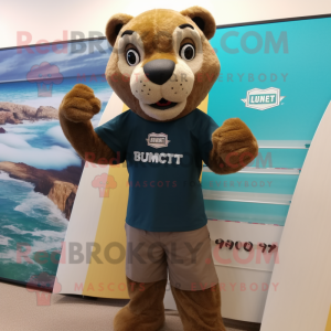 Brown Mountain Lion mascot costume character dressed with a Board Shorts and Lapel pins