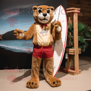 Brown Mountain Lion mascot costume character dressed with a Board Shorts and Lapel pins