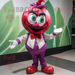 Red Onion mascot costume character dressed with a Blouse and Bow ties