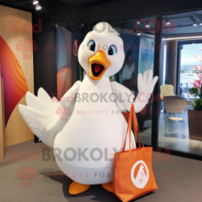 White Swan mascot costume character dressed with a V-Neck Tee and Tote bags