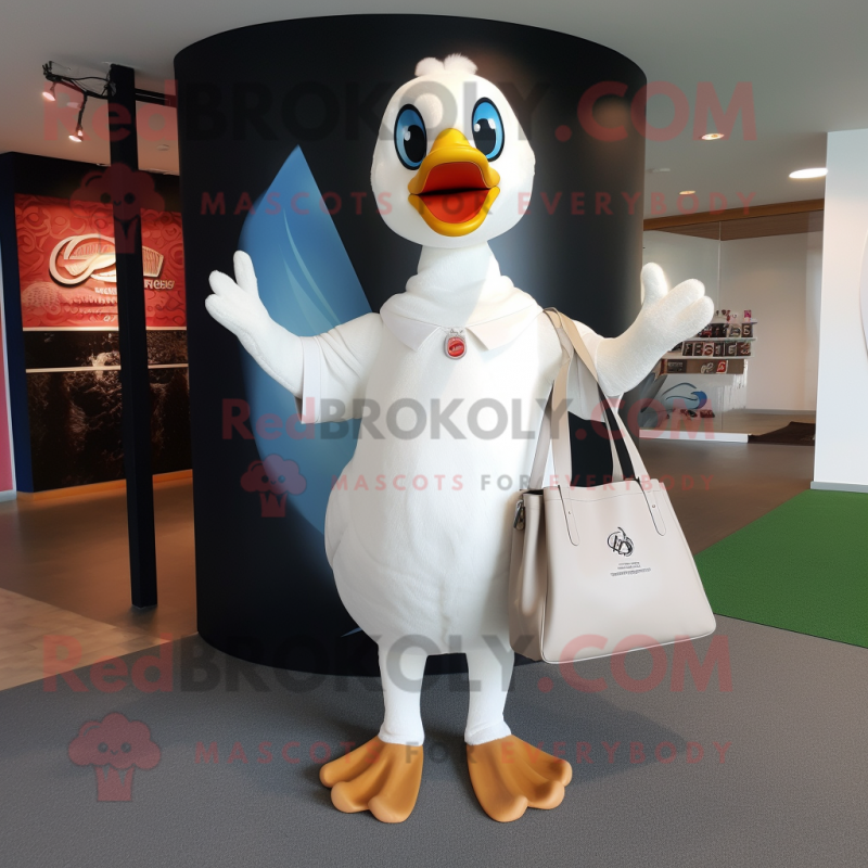 White Swan mascot costume character dressed with a V-Neck Tee and Tote bags White Swan mascot costume character dressed with a V-Neck Tee and Tote bags