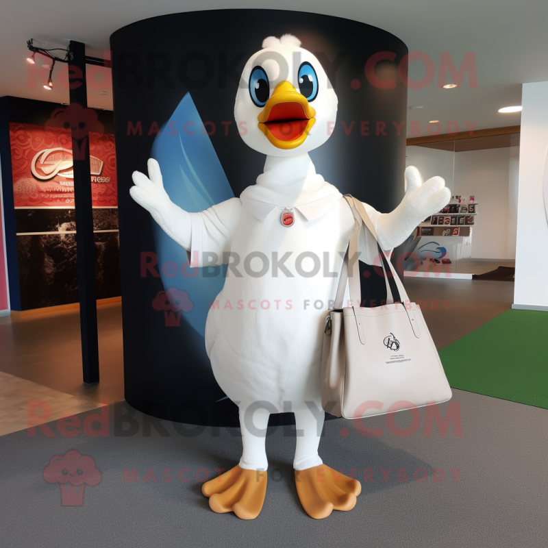 White Swan mascot costume character dressed with a V-Neck Tee and Tote bags