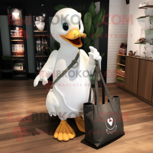 White Swan mascot costume character dressed with a V-Neck Tee and Tote bags