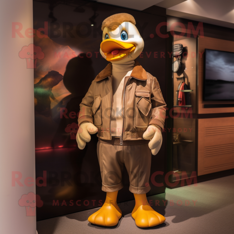 Tan Duck mascot costume character dressed with a Leather Jacket and Ties