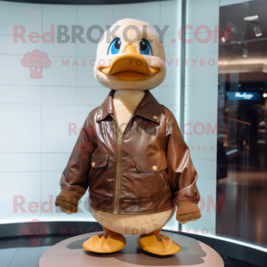 Tan Duck mascot costume character dressed with a Leather Jacket and Ties