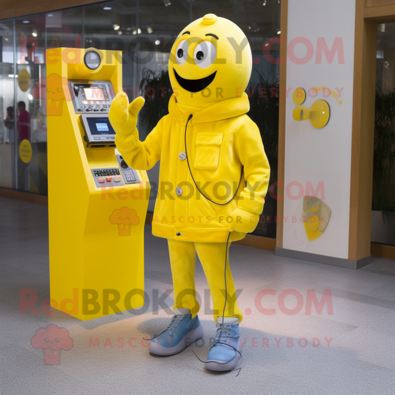 Yellow Phone mascot costume character dressed with a Flare Jeans and Cufflinks Yellow Phone mascot costume character dressed with a Flare Jeans and Cufflinks