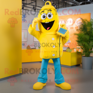 Yellow Phone mascot costume character dressed with a Flare Jeans and Cufflinks