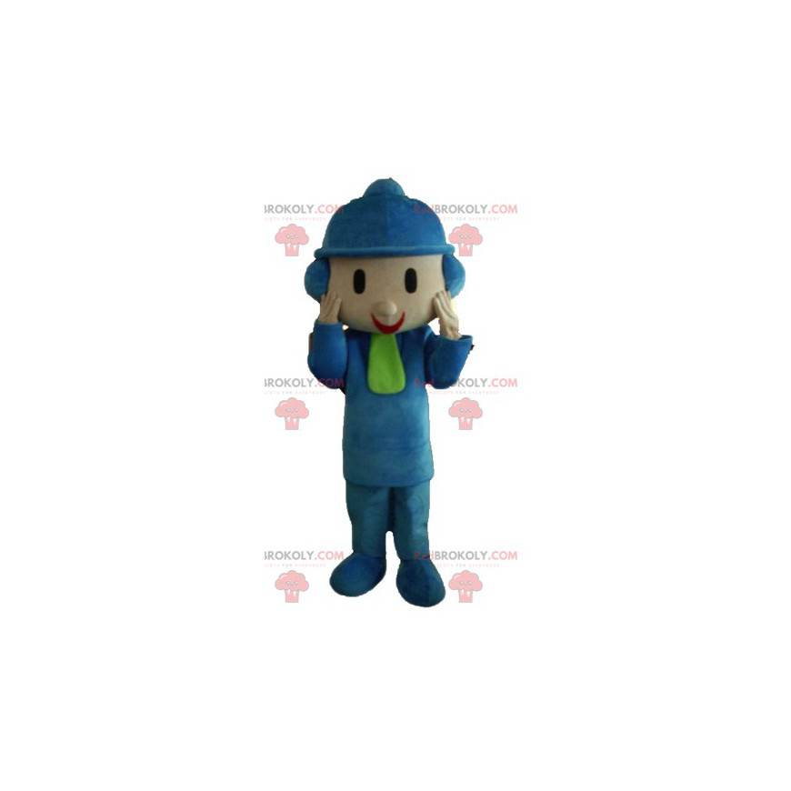 Mascotte bambino vestito in abiti invernali con un cappello -