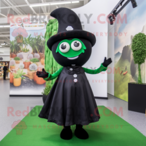 Black Green Bean mascot costume character dressed with a Mini Skirt and Hat pins