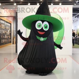 Black Green Bean mascot costume character dressed with a Mini Skirt and Hat pins