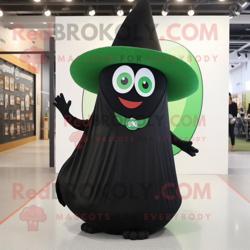Black Green Bean mascot costume character dressed with a Mini Skirt and Hat pins Black Green Bean mascot costume character dressed with a Mini Skirt and Hat pins
