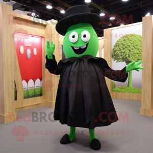 Black Green Bean mascot costume character dressed with a Mini Skirt and Hat pins