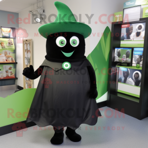 Black Green Bean mascot costume character dressed with a Mini Skirt and Hat pins