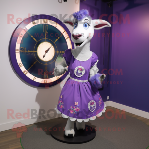 Purple Goat mascot costume character dressed with a Circle Skirt and Watches