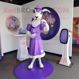 Purple Goat mascot costume character dressed with a Circle Skirt and Watches