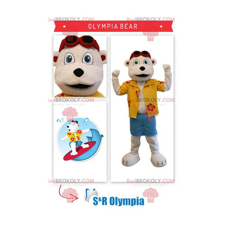 Beżowy miś maskotka w stroju wczasowicza - Redbrokoly.com Beżowy miś maskotka w stroju wczasowicza - Redbrokoly.com