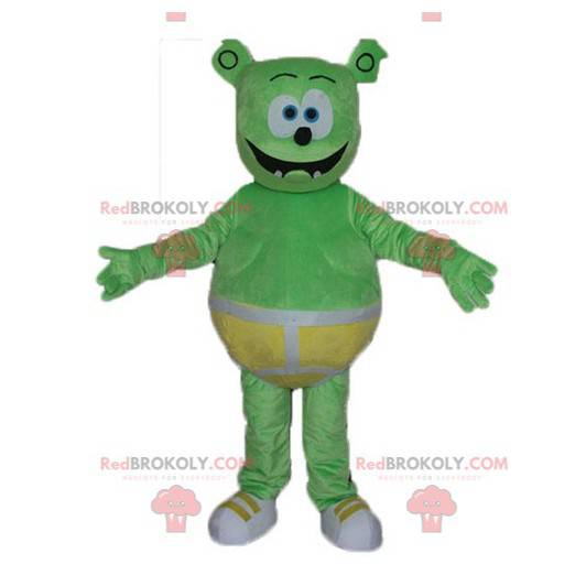 Mascote de pelúcia monstro verde com cueca amarela -