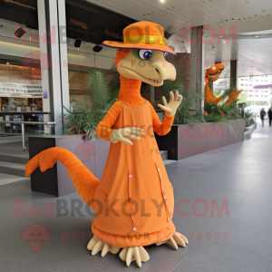 Orange Coelophysis mascot costume character dressed with a Maxi Dress and Hats