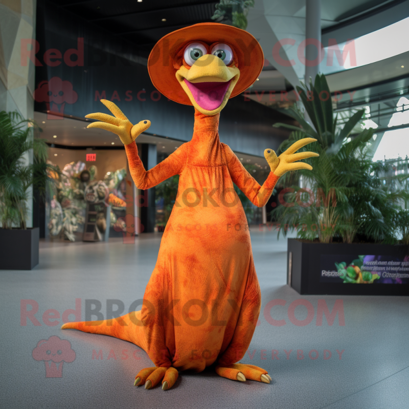 Orange Coelophysis mascot costume character dressed with a Maxi Dress and Hats