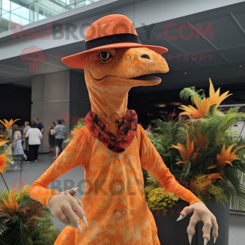 Orange Coelophysis mascot costume character dressed with a Maxi Dress and Hats