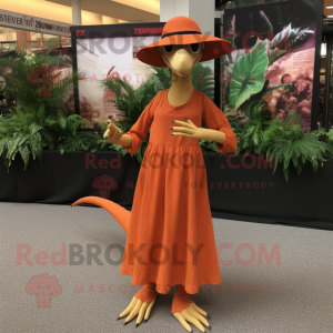 Orange Coelophysis mascot costume character dressed with a Maxi Dress and Hats
