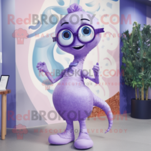 Lavender Hydra mascot costume character dressed with a Pencil Skirt and Eyeglasses