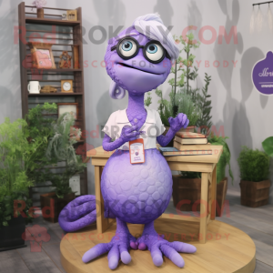 Lavender Hydra mascot costume character dressed with a Pencil Skirt and Eyeglasses