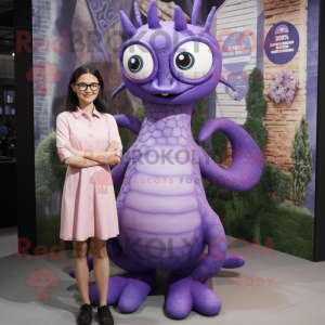 Lavender Hydra mascot costume character dressed with a Pencil Skirt and Eyeglasses