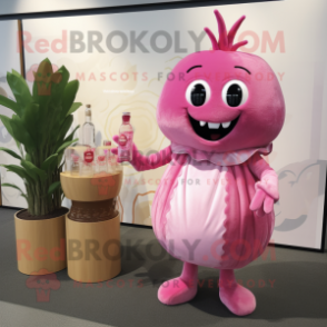 Pink Turnip mascot costume character dressed with a Cocktail Dress and Watches