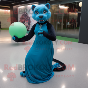 Teal Panther mascot costume character dressed with a Ball Gown and Foot pads