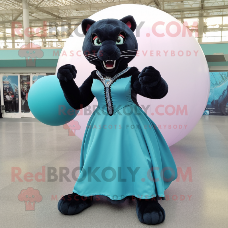 Teal Panther mascot costume character dressed with a Ball Gown and Foot pads Teal Panther mascot costume character dressed with a Ball Gown and Foot pads